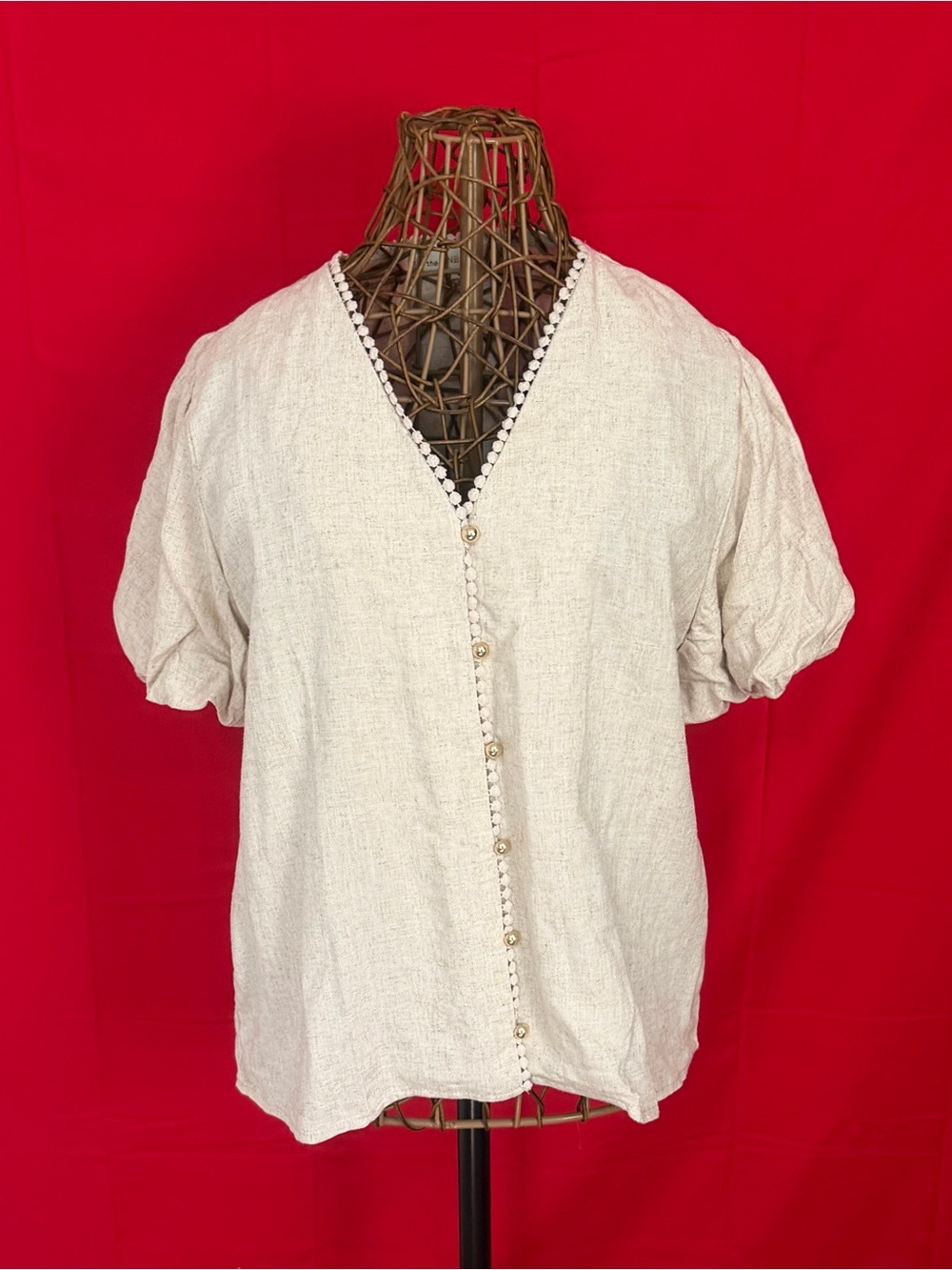Cream Button-Front V-Neck Puff Sleeve Blouse
